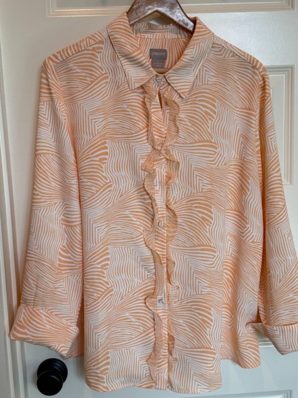 Chico's Orange and White Ruffled Shirt - Size 3 (14-16)